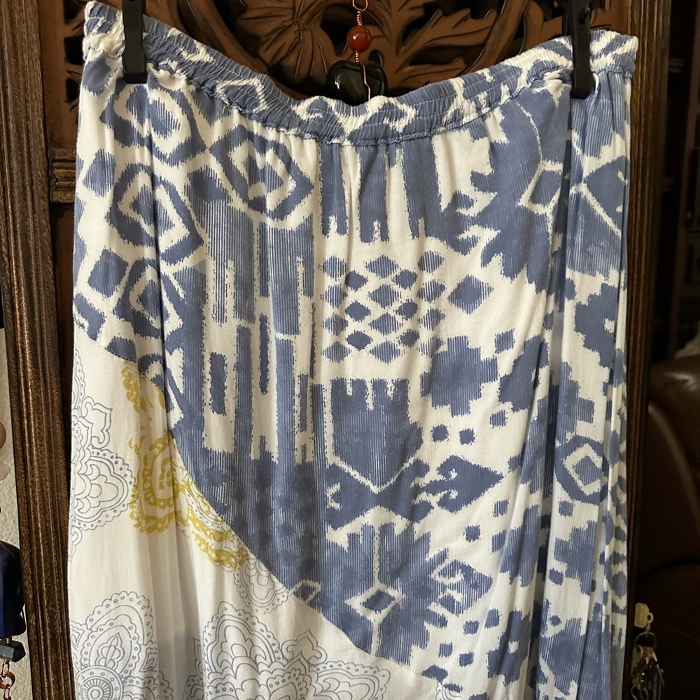 Patterned Maxi Skirt in Blue and Yellow - Elastic Waist - Bohemian